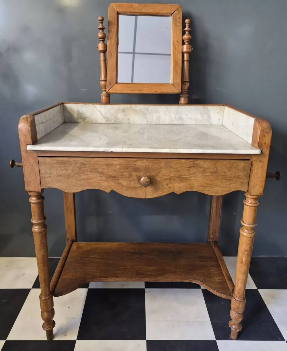 Ancienne Table de toilette Coiffeuse marbre et bois massif avec miroir