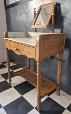 Ancienne Table de toilette Coiffeuse marbre et bois massif avec miroir