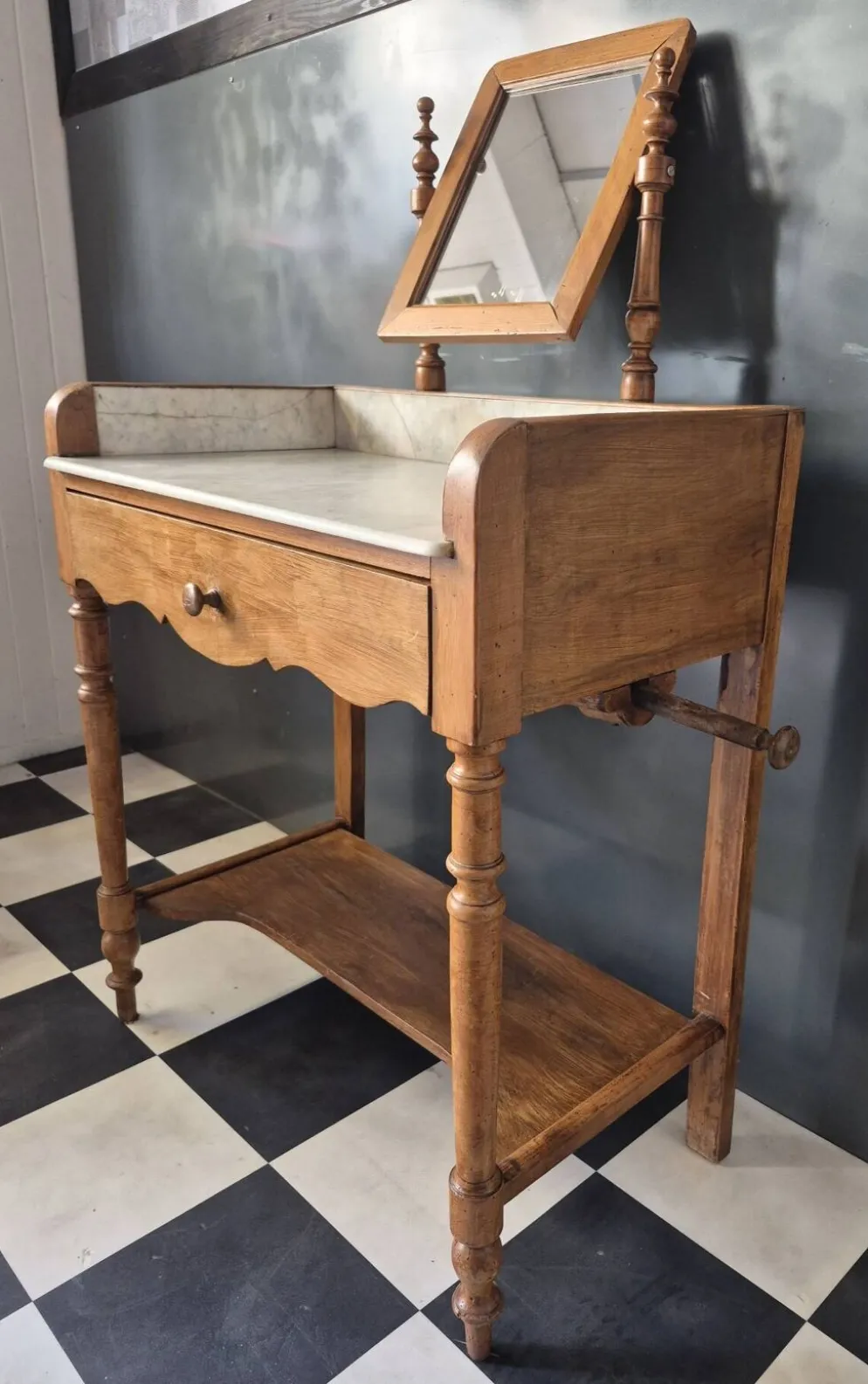 Ancienne Table de toilette Coiffeuse marbre et bois massif avec miroir