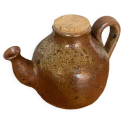 Ancienne théière en grès pyrite marron beige + bouchon liège vintage
