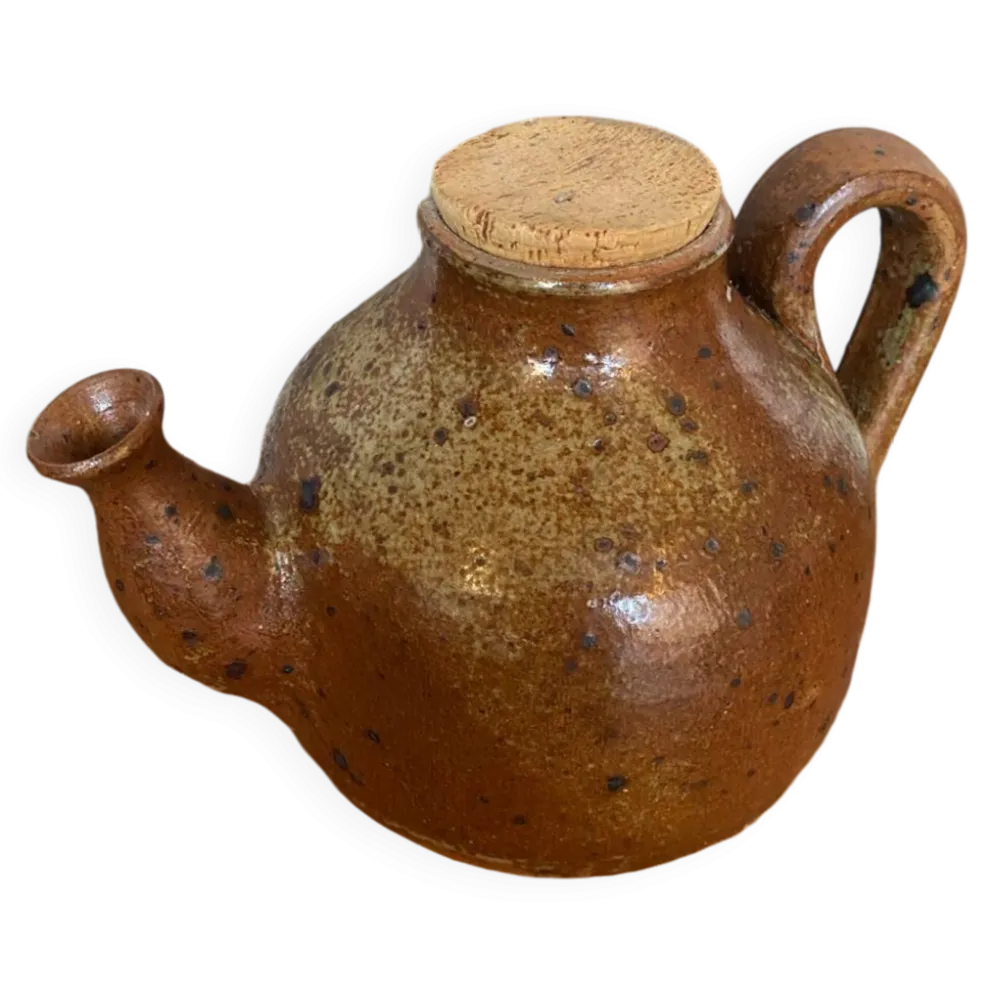 Ancienne théière en grès pyrite marron beige + bouchon liège vintage