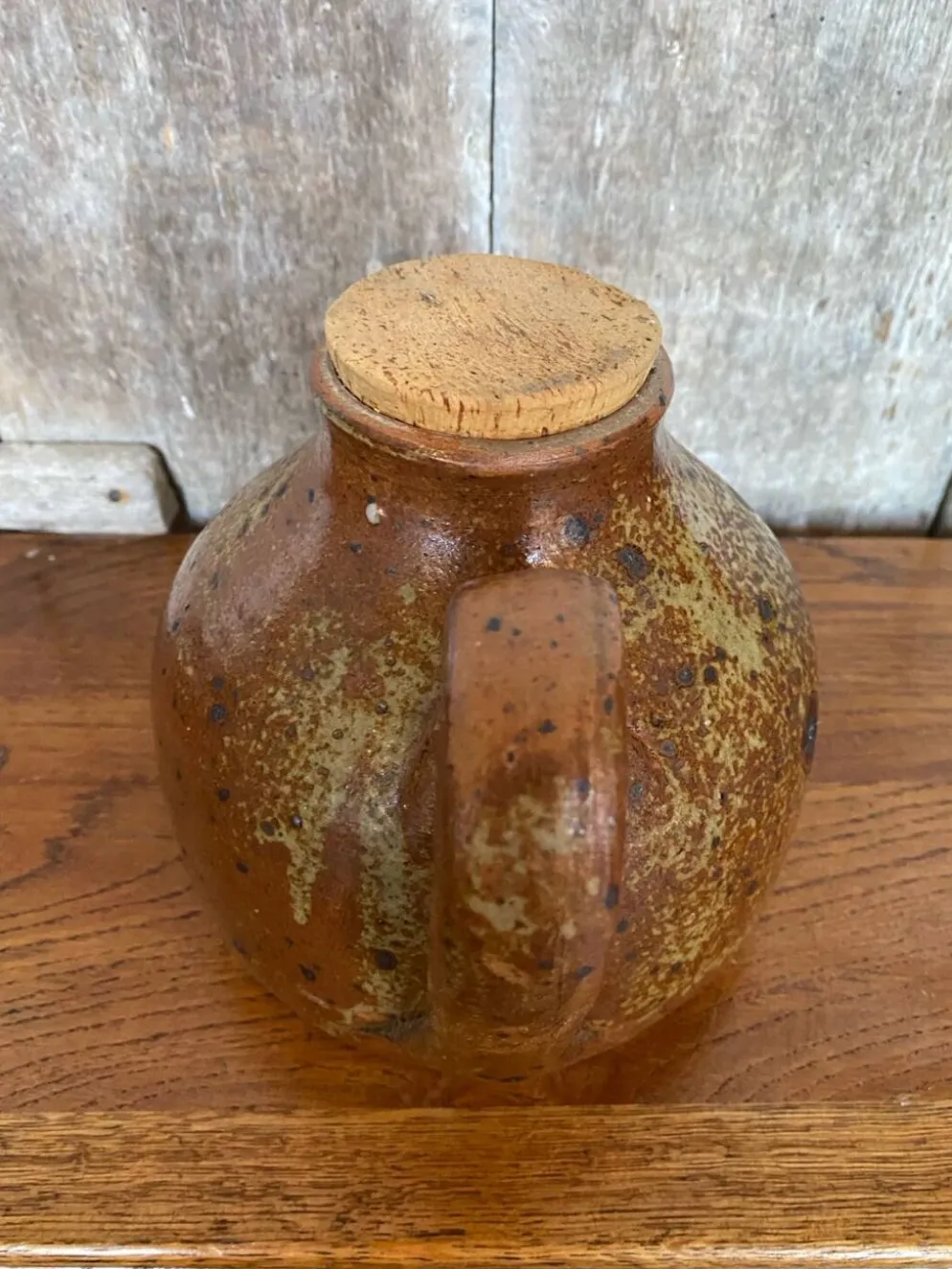 Ancienne théière en grès pyrite marron beige + bouchon liège vintage