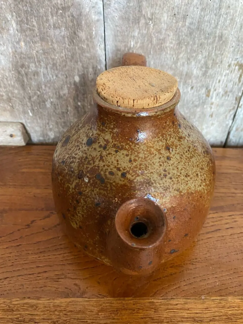 Ancienne théière en grès pyrite marron beige + bouchon liège vintage