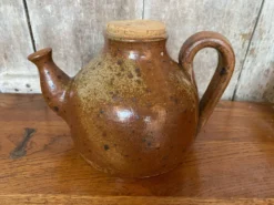 Ancienne théière en grès pyrite marron beige + bouchon liège vintage