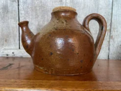 Ancienne théière en grès pyrite marron beige + bouchon liège vintage