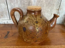Ancienne théière en grès pyrite marron beige + bouchon liège vintage