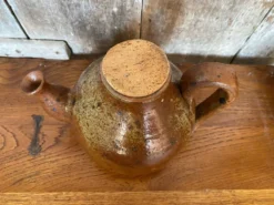 Ancienne théière en grès pyrite marron beige + bouchon liège vintage
