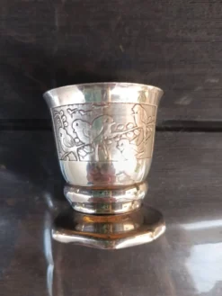 Ancienne Timbale de Baptême + Cuillère Métal Argenté - Décor Oiseaux -