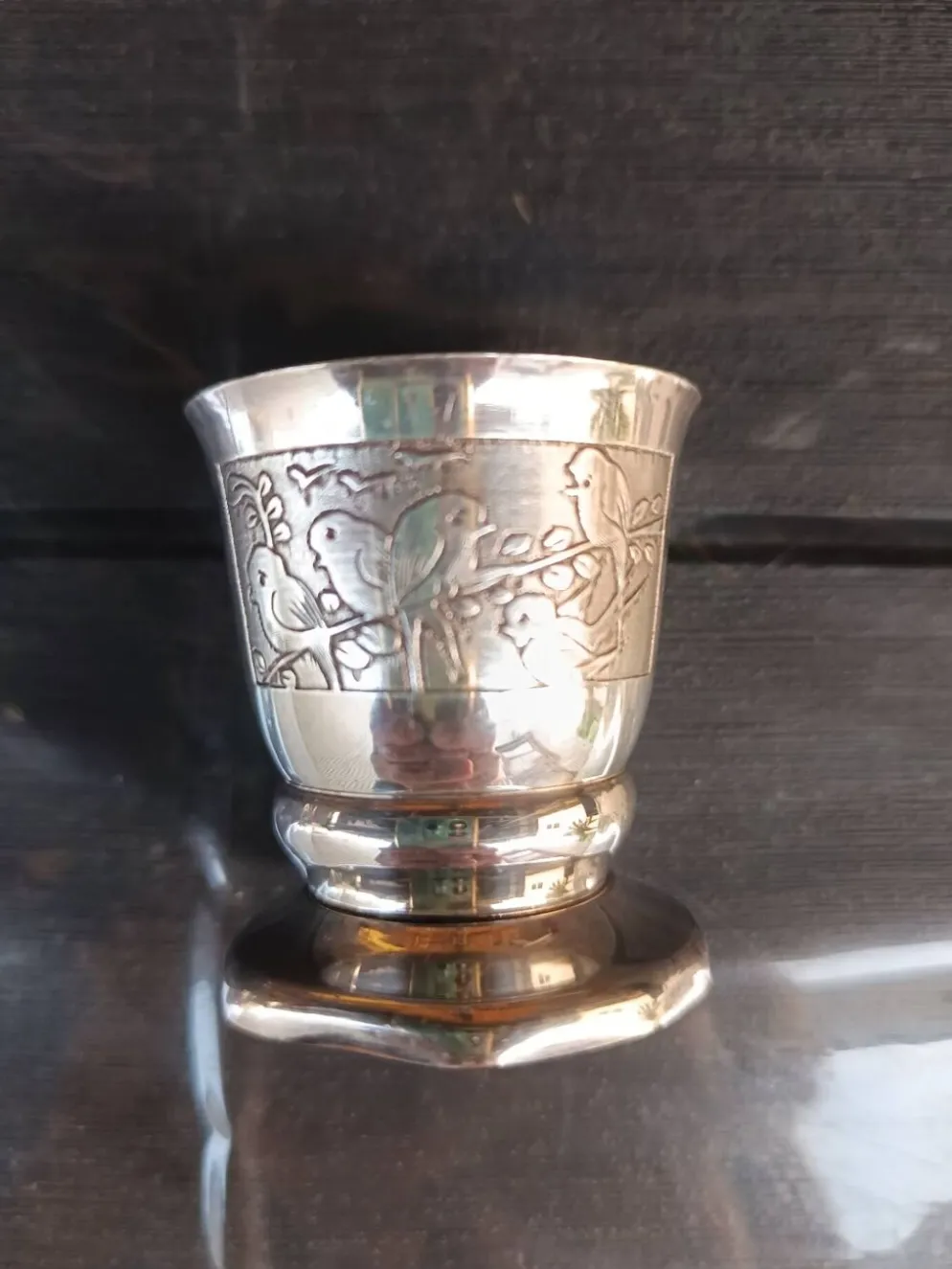 Ancienne Timbale de Baptême + Cuillère Métal Argenté - Décor Oiseaux -