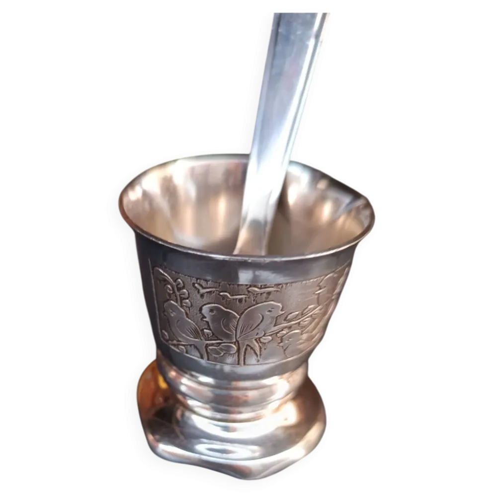 Ancienne Timbale de Baptême + Cuillère Métal Argenté - Décor Oiseaux -