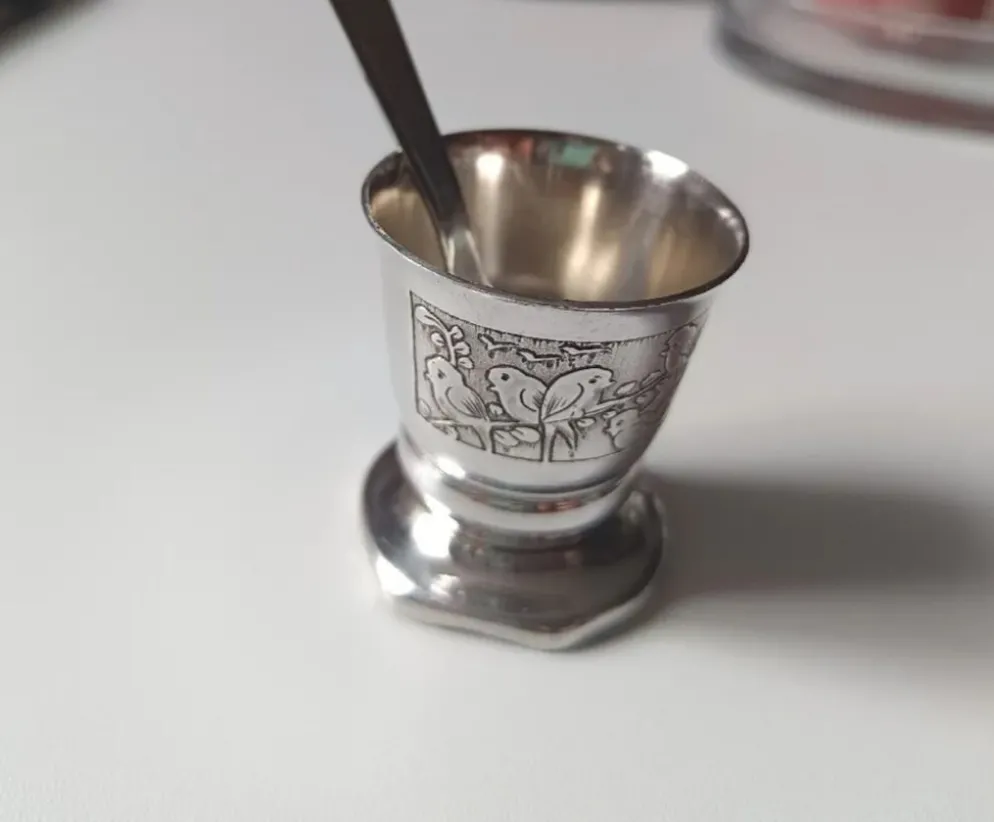 Ancienne Timbale de Baptême + Cuillère Métal Argenté - Décor Oiseaux -
