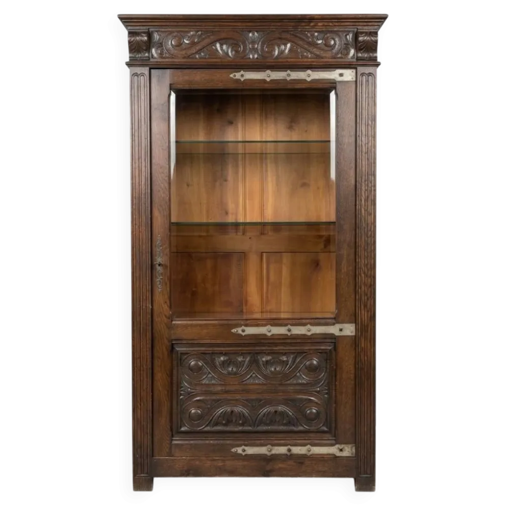 Ancienne vitrine en chêne, massif, de style, renaissance, espagnol, sculpture et fer forger