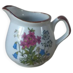 Ancien petit pot à lait artisanal en grès moucheté fleuri des années 1980