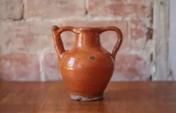 Ancien Pichet Orjol en terre cuite émaillé orange Sud Ouest France XIXe