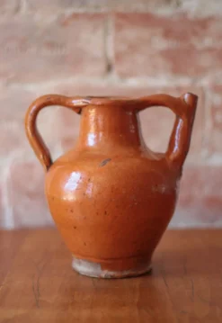 Ancien Pichet Orjol en terre cuite émaillé orange Sud Ouest France XIXe