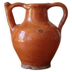 Ancien Pichet Orjol en terre cuite émaillé orange Sud Ouest France XIXe