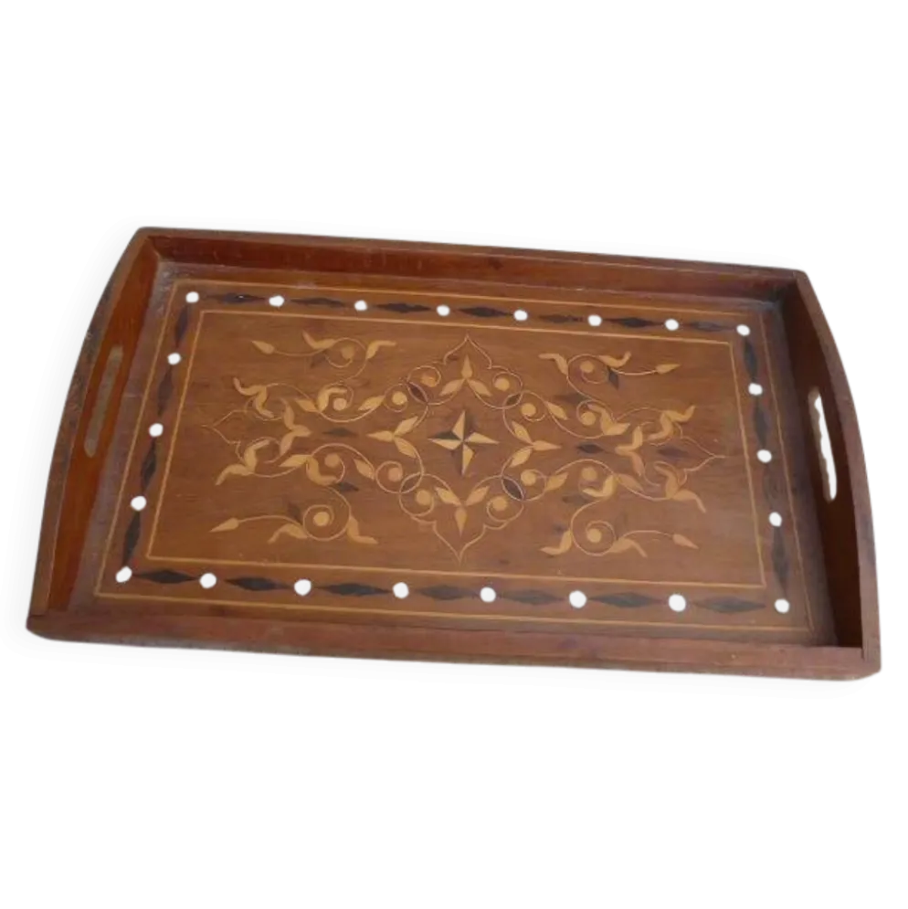 Ancien plateau de service marqueterie bois & nacre vintage