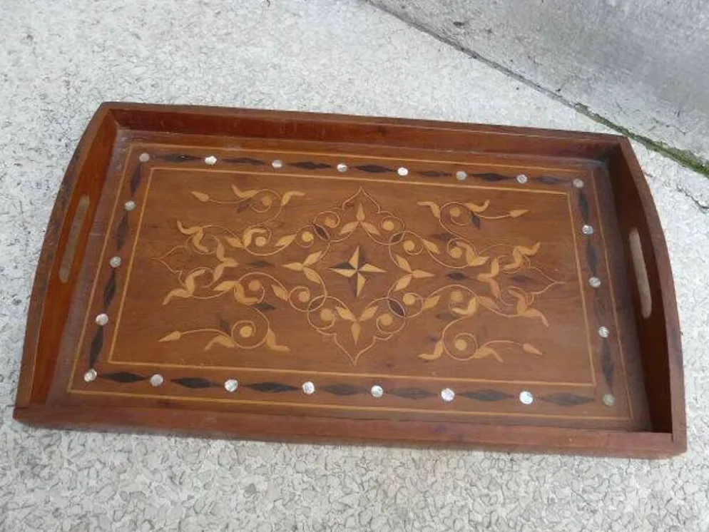 Ancien plateau de service marqueterie bois & nacre vintage