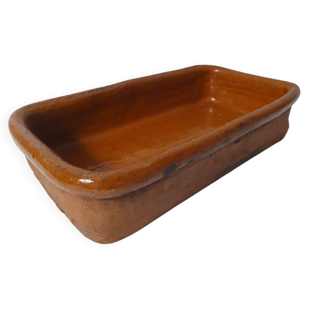 ancien plat à four en terre cuite vernissée réfractaire