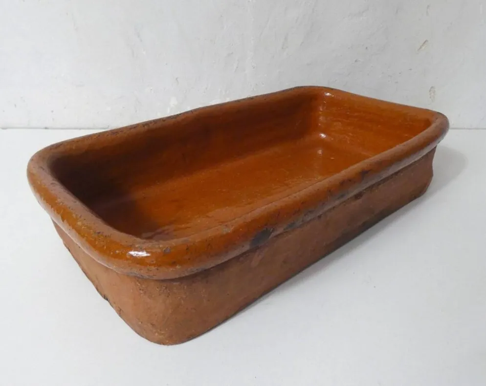 ancien plat à four en terre cuite vernissée réfractaire