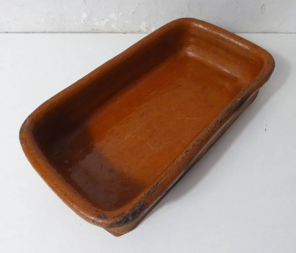 ancien plat à four en terre cuite vernissée réfractaire