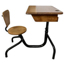 Ancien pupitre d'écolier avec chaise intégrée – chêne et métal – année
