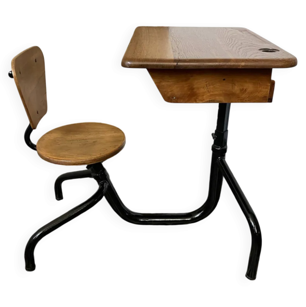 Ancien pupitre d'écolier avec chaise intégrée – chêne et métal – année