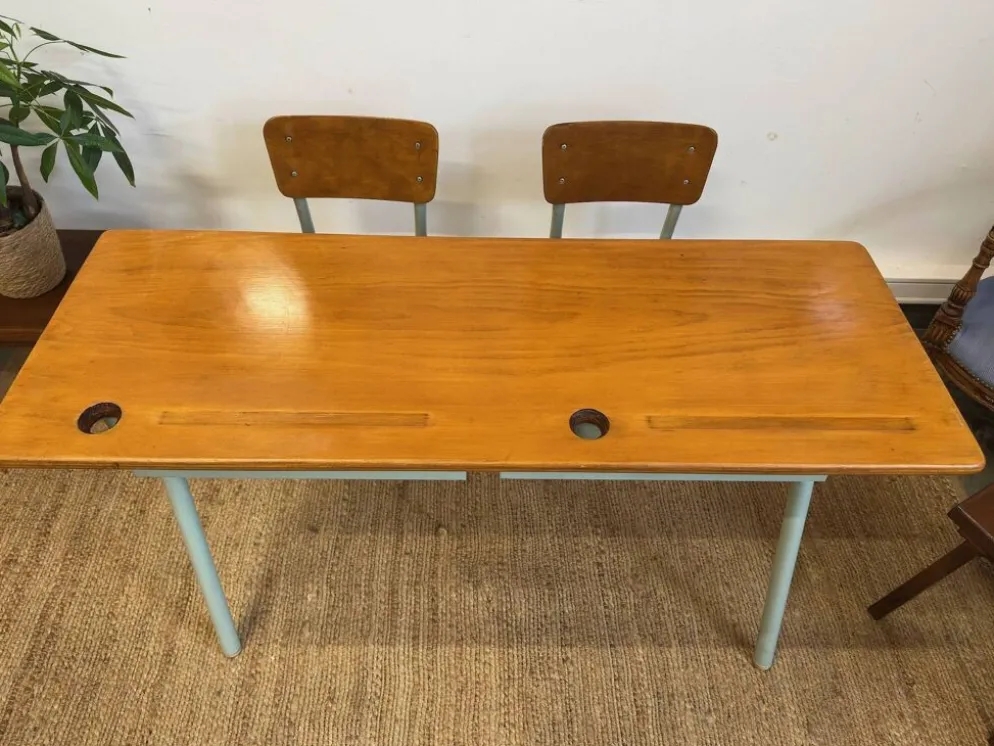 Ancien pupitre double d’écolier – bois et métal