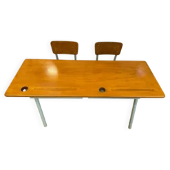 Ancien pupitre double d’écolier – bois et métal