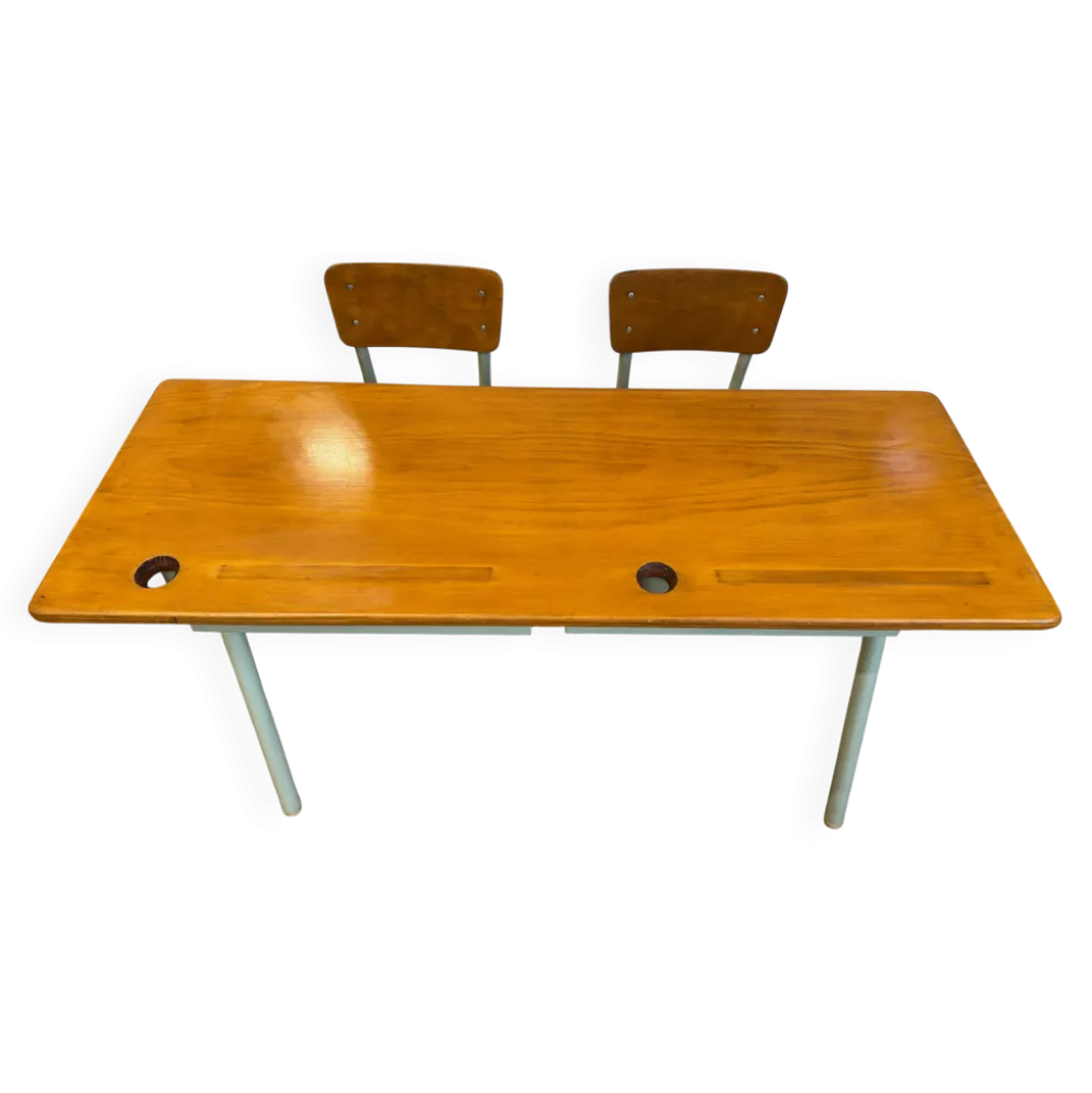 Ancien pupitre double d’écolier – bois et métal