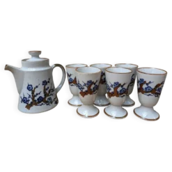 Ancien service à café avec 6 mazagrans et cafetière décor floral bleu