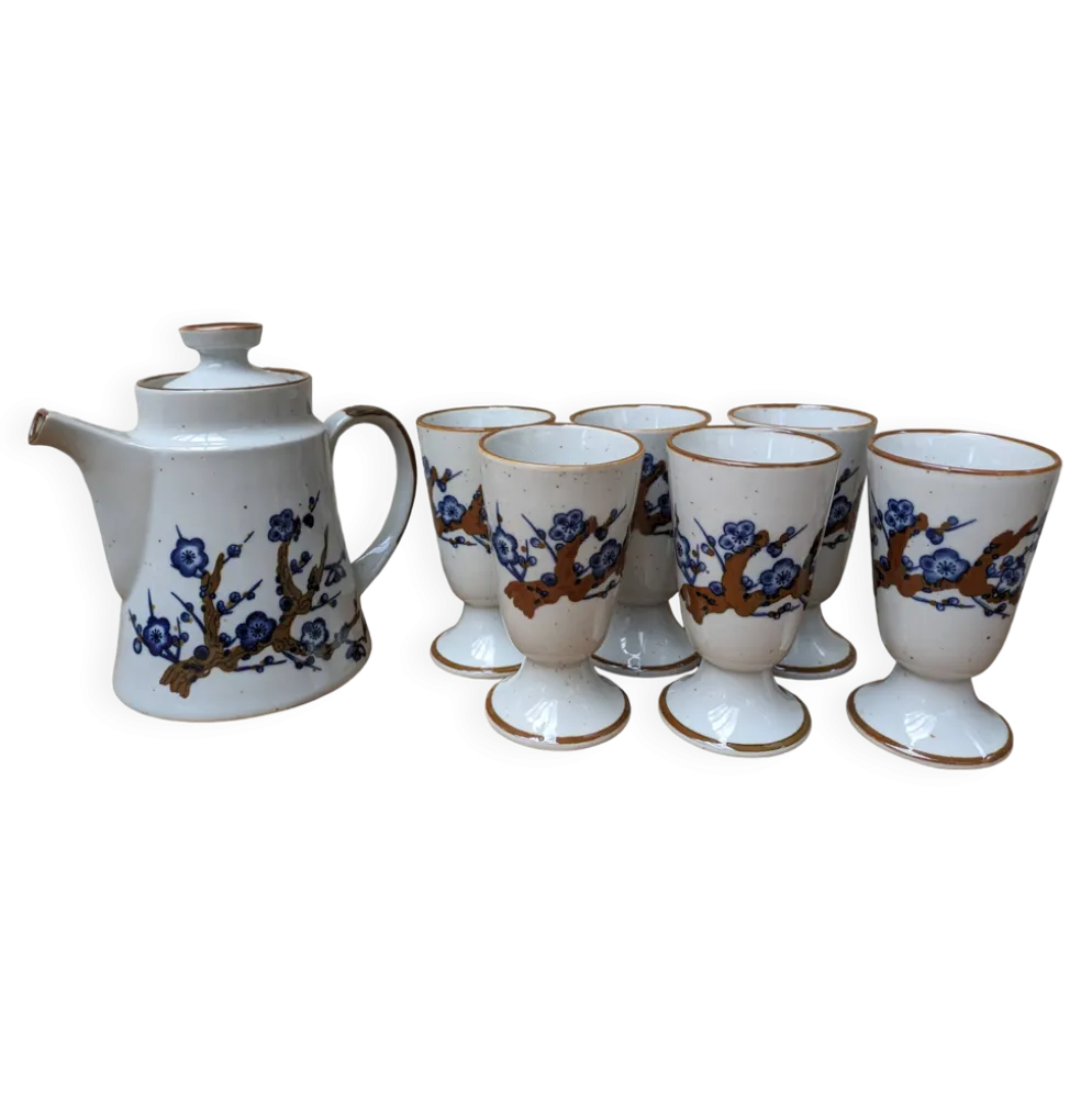 Ancien service à café avec 6 mazagrans et cafetière décor floral bleu