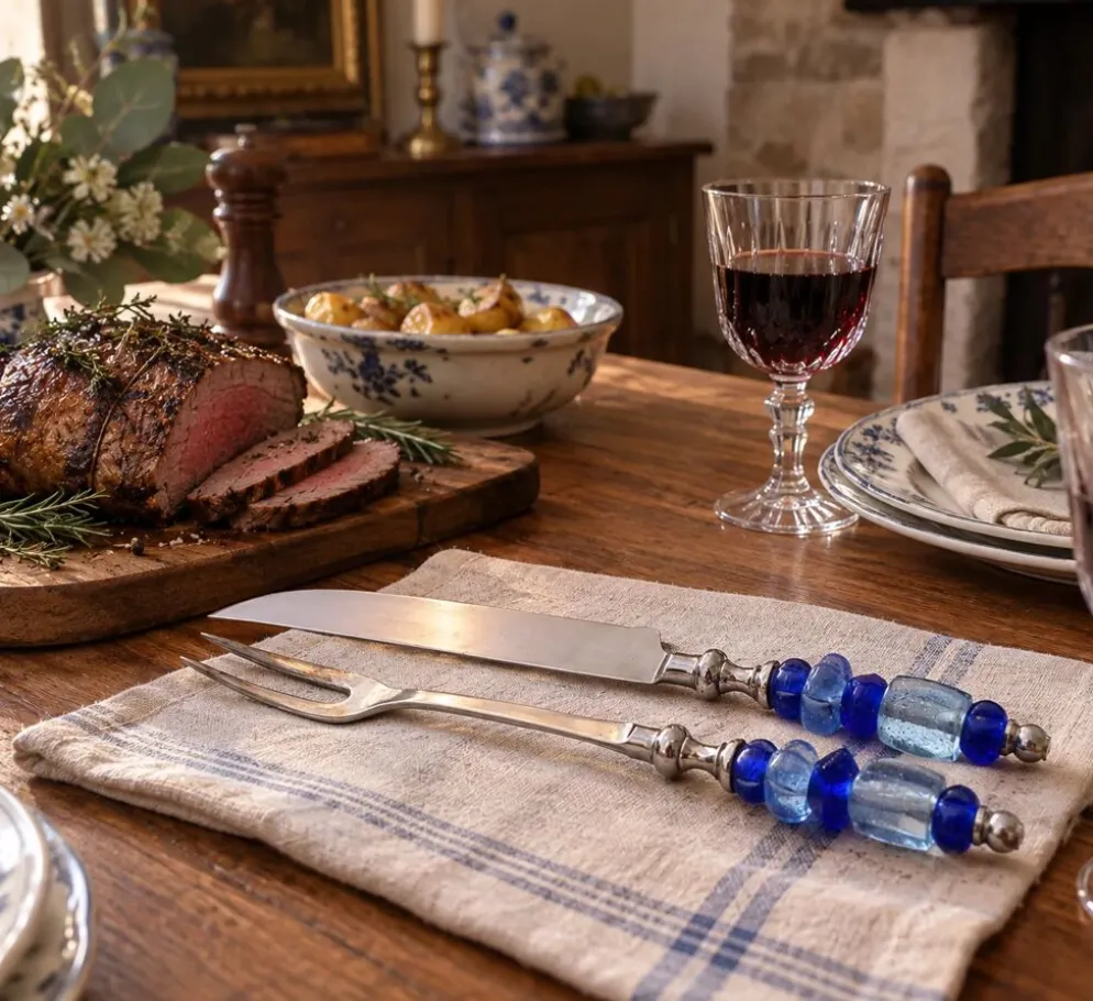 Ancien service à découper couteau et fourchette – manches en perles de verre bleu