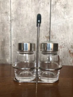 Ancien Service Salière Poivrière Verre Moulé + Métal Argenté Vintage