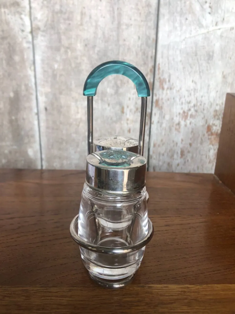 Ancien Service Salière Poivrière Verre Moulé + Métal Argenté Vintage