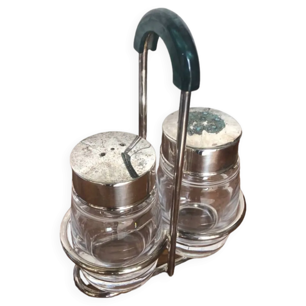Ancien Service Salière Poivrière Verre Moulé + Métal Argenté Vintage