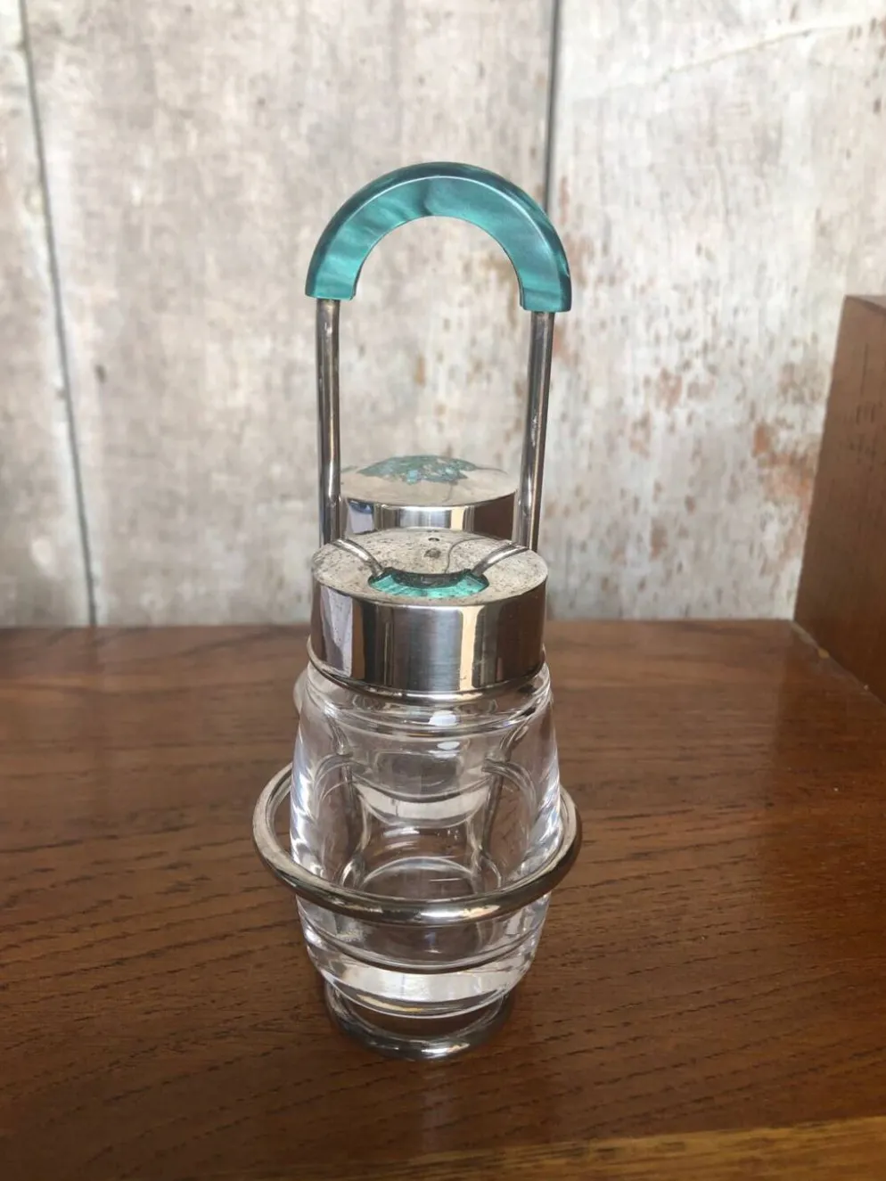 Ancien Service Salière Poivrière Verre Moulé + Métal Argenté Vintage