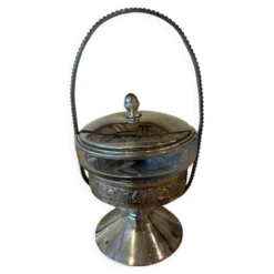 Ancien sucrier / serviteur sur pied – Verre gravé & monture en métal a