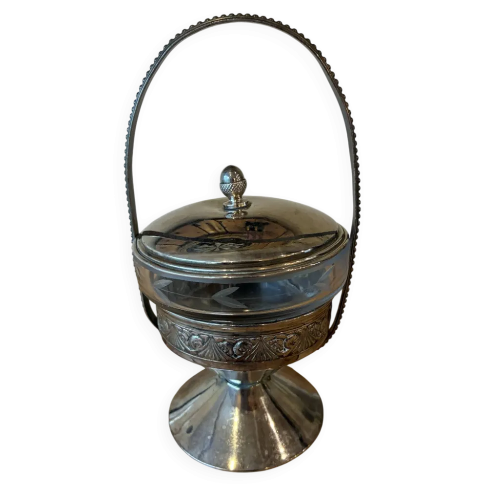 Ancien sucrier / serviteur sur pied – Verre gravé & monture en métal a