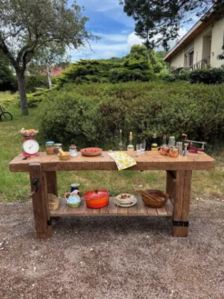 Ancien établi de menuisier restauré – Console / table d'appoint en bois mas