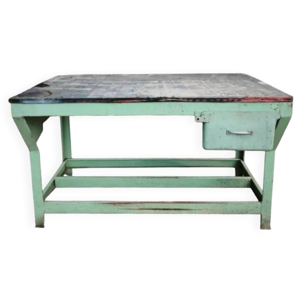 Ancien établi industriel en métal et bois