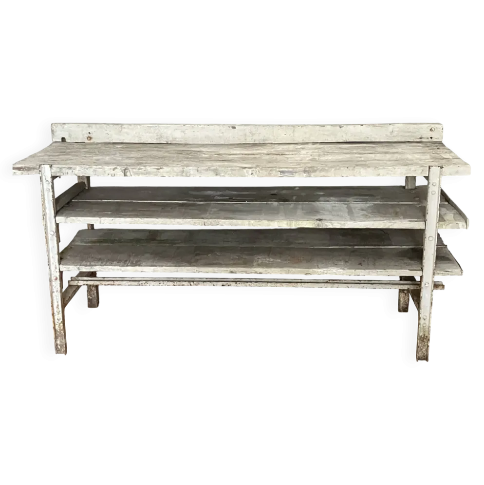 Ancien établi, meuble de métier en bois et métal