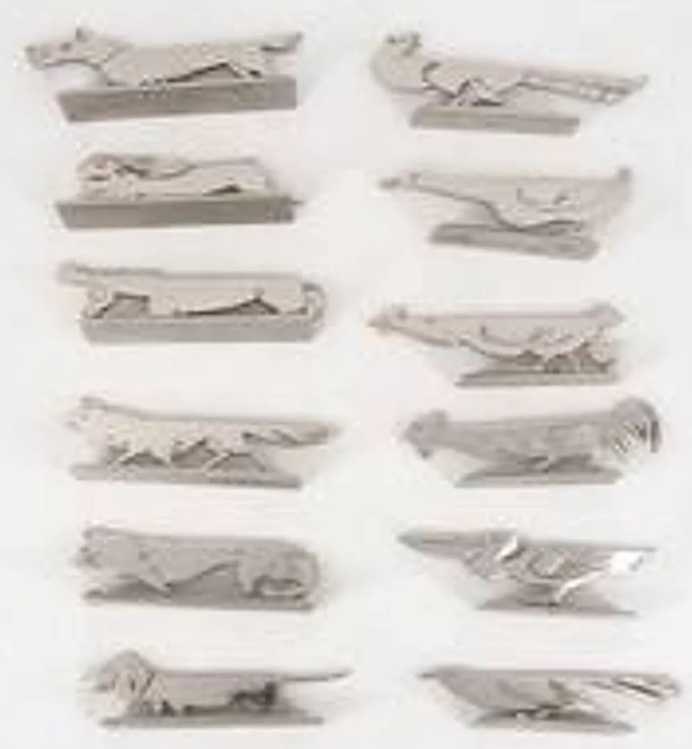 Aristide Colotte, 12 porte-couteaux animaliers, Art Déco, excellent état, écrin.