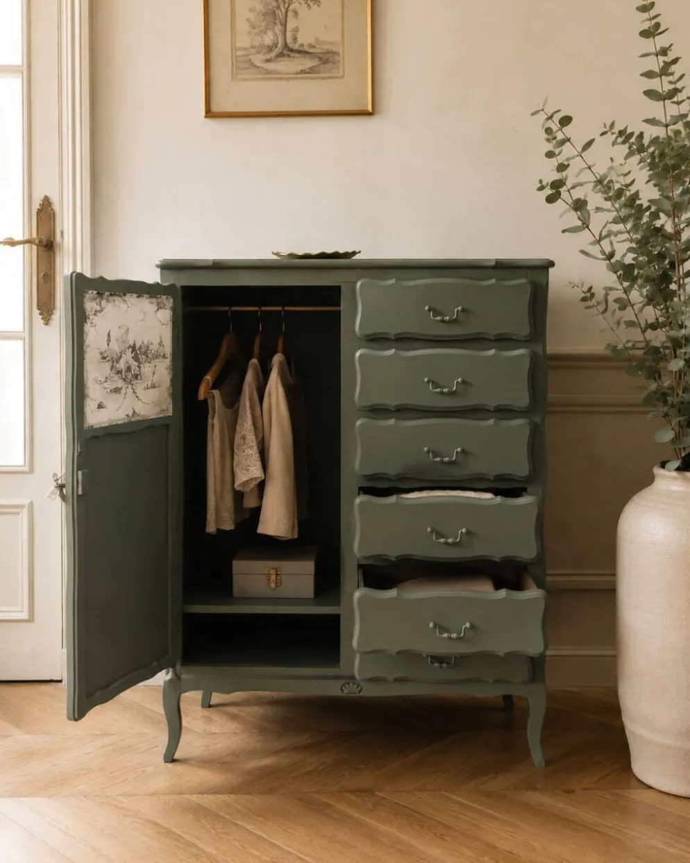 Armoire ancienne Green Smoke – Toile de Jouy .