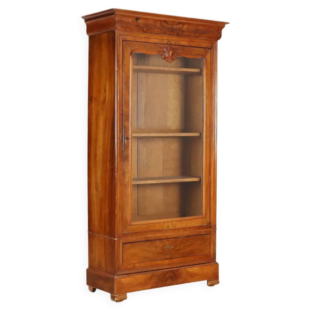 Armoire ancienne Louis-Philippe en noyer et verre, France, XIXe siècle