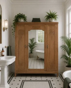 Armoire art déco chêne brut et miroir biseauté
