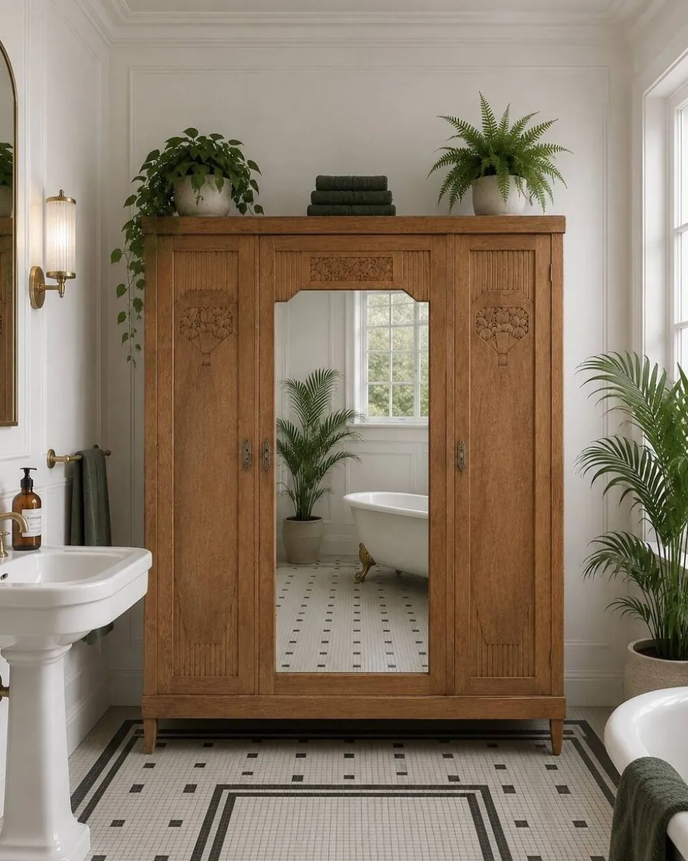 Armoire art déco chêne brut et miroir biseauté