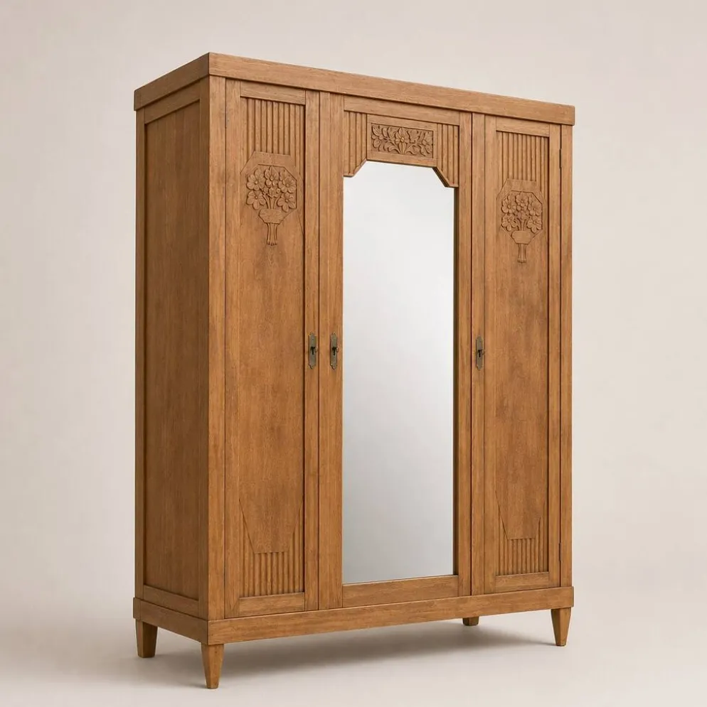 Armoire art déco chêne brut et miroir biseauté