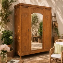 Armoire art déco chêne brut et miroir biseauté