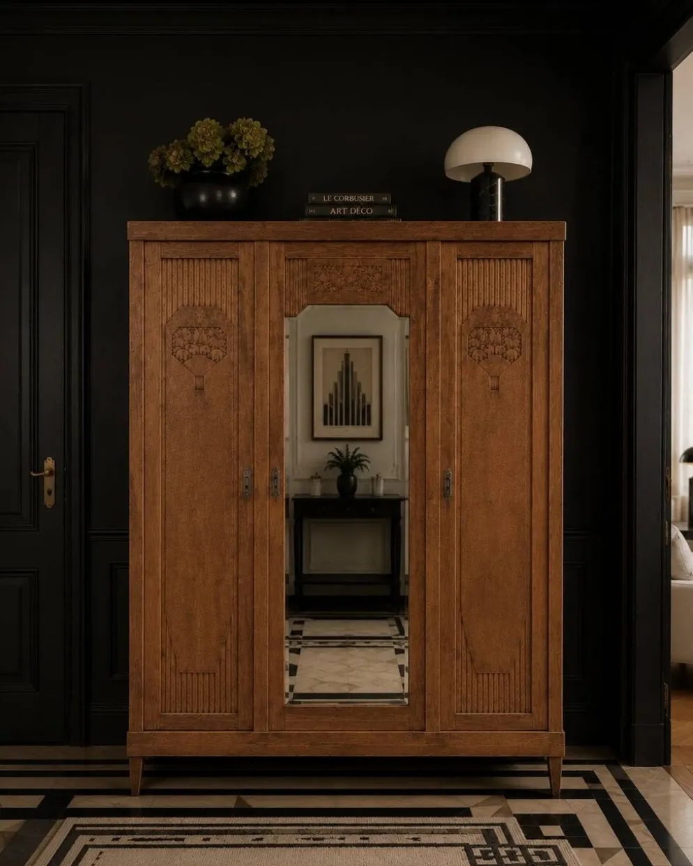 Armoire art déco chêne brut et miroir biseauté